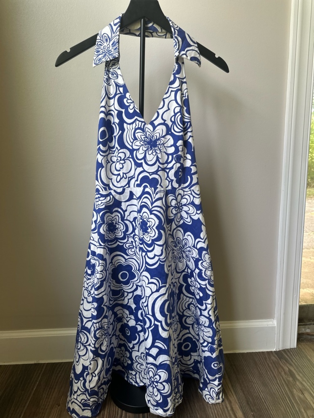 Spense Blue White Floral Halter Dress A-Line Summer Vacation Sundress - Picture 4 of 11